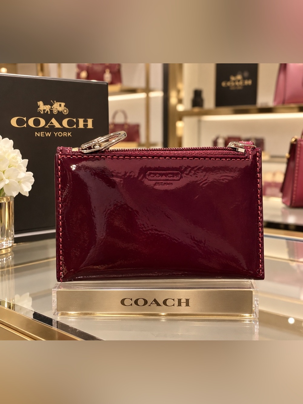 Vintage Coach Patent Gloss Zip Card Case in Deep Wine